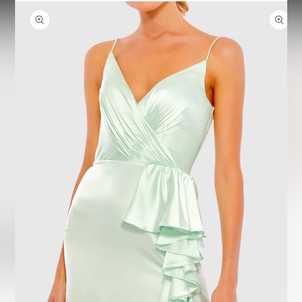 MAC DUGGAL Pistachio Satin Ruffle Asymmetrical Gown Size 6 NWT - Picture 2 of 9